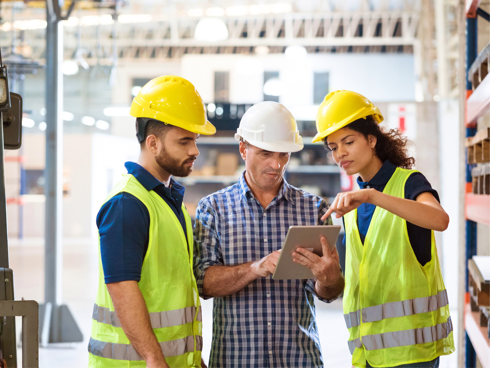 Three people wearing hard hats and high-visibility vests focus on a digital tablet and use a connected workforce platform in a warehouse setting, with shelving and goods in the background.